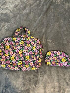 Vintage Pansy Floral Garment Bag & Makeup Case